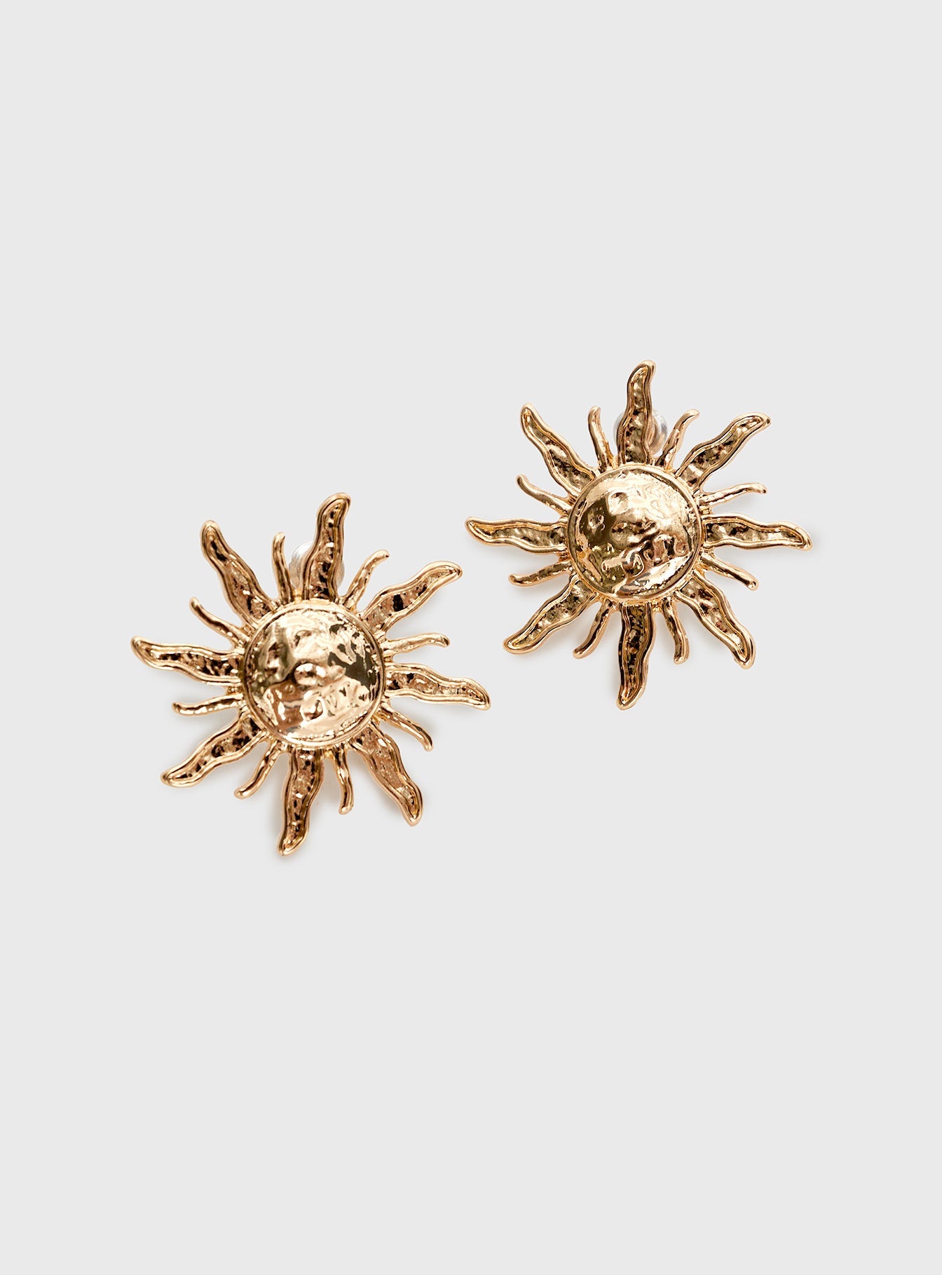 Gold-toned earrings Sun design, stud fastening, heavyweight