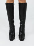 Knee high boots Faux matte leather Platform base Squared toe Thick flared heel Zip fastening at side