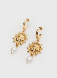 Gold-toned earrings Hoop style, drop charm, pearl detail, stud fastening