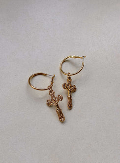 Earrings Gold-toned Hoop style Latch back fastening Cross drop charm