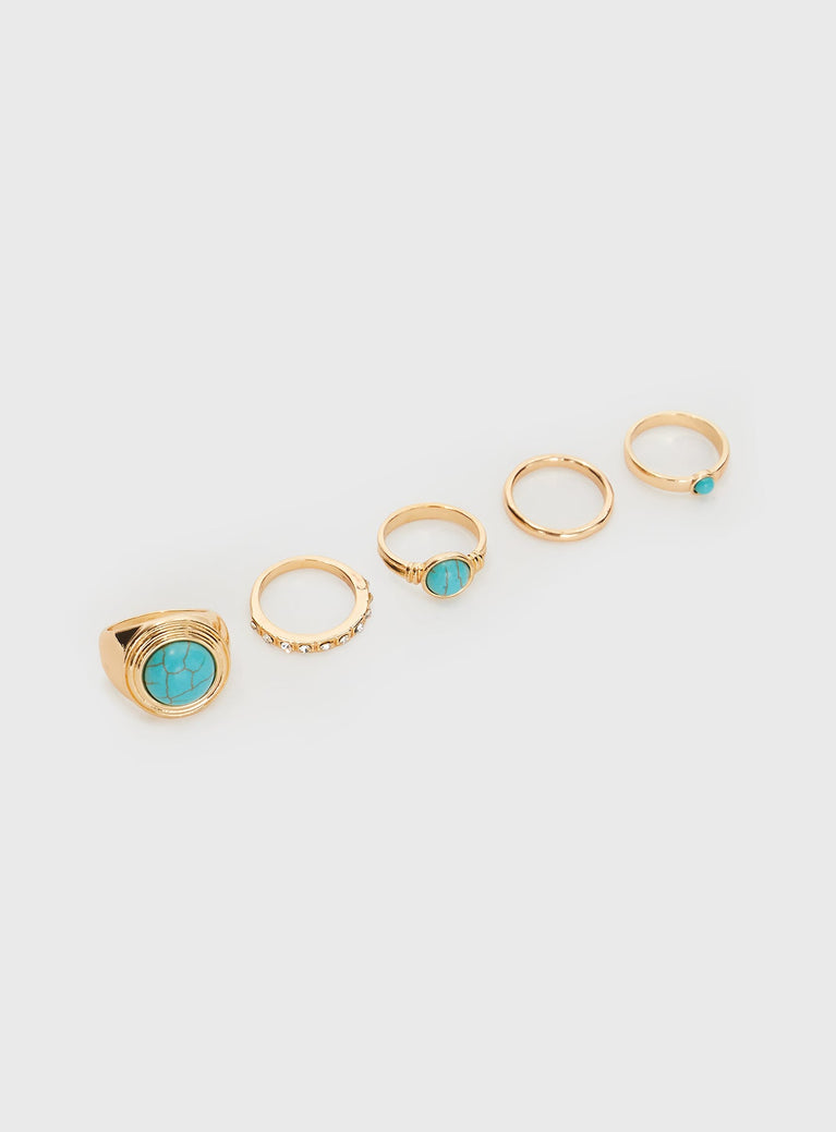 Gold-toned ring pack Gemstone & diamante detail, pack of five, lightweight