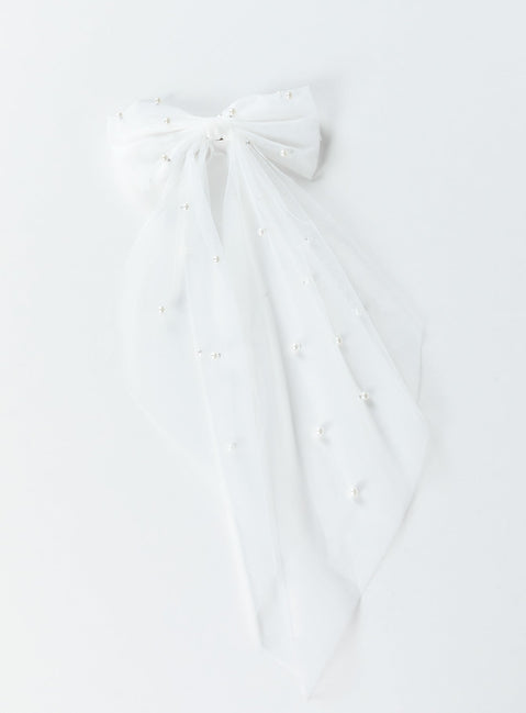 Hair bow Mesh material Silver-toned hardware  Snap clip fastening  Pearl detail