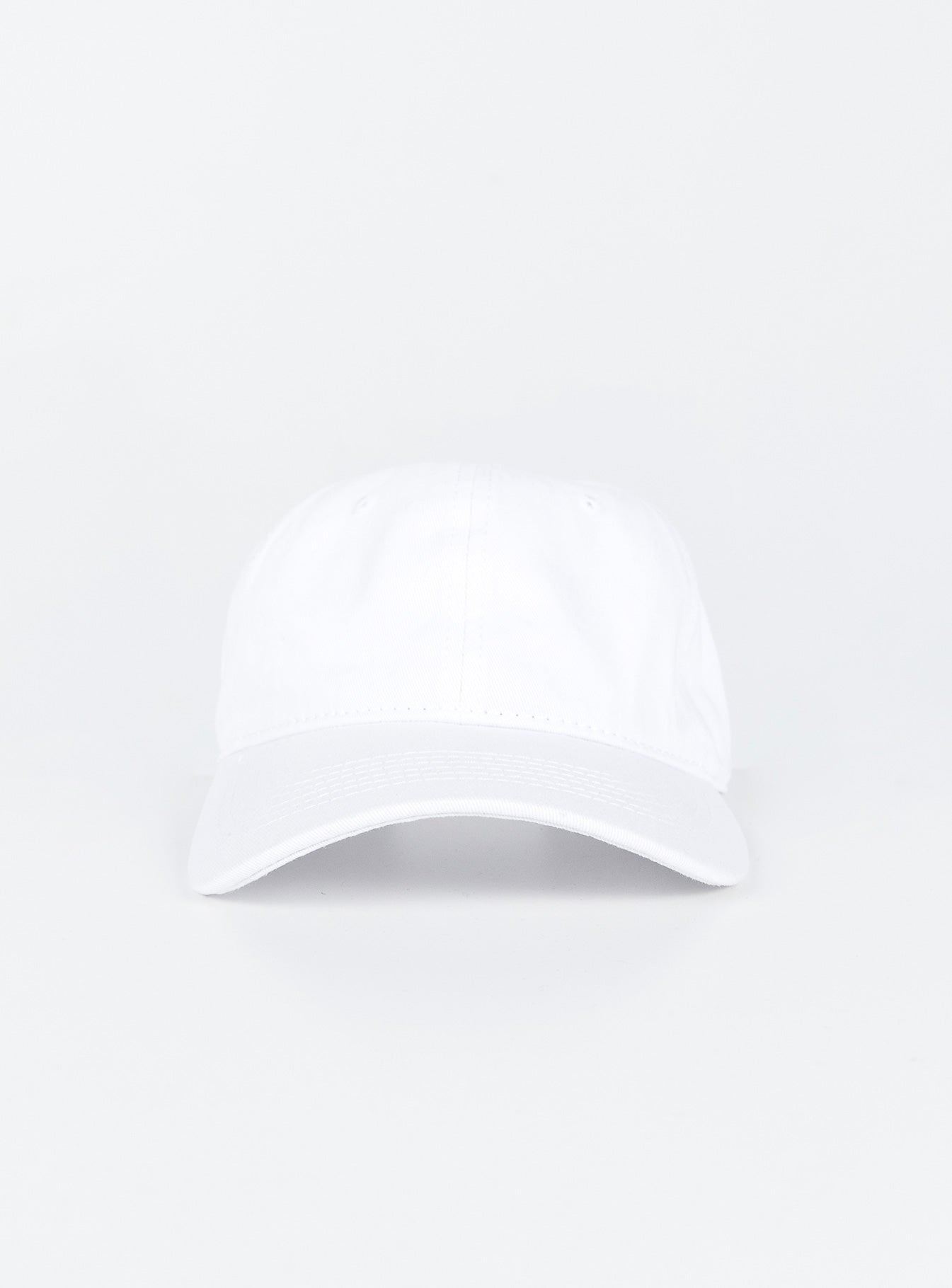 White cotton cap Adjustable strap at back Curved brim