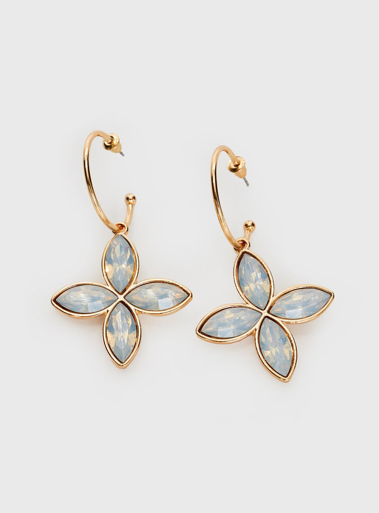 Earrings Hoop style, gold toned, flower pendant with gem stone detail, stud fastening