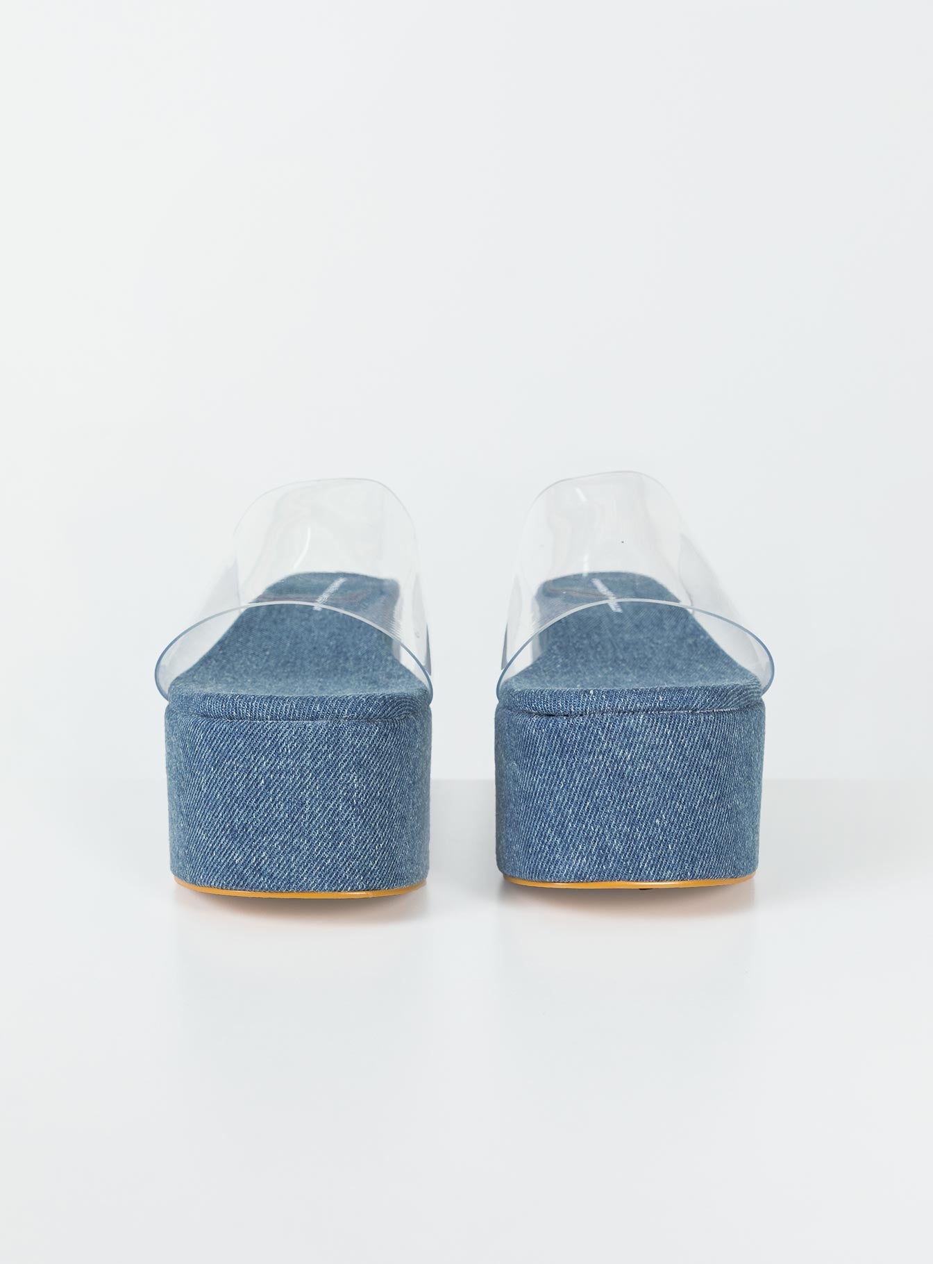 Sandals Mid-wash denim lining Single wide clear upper  Platform base  Rounded toe