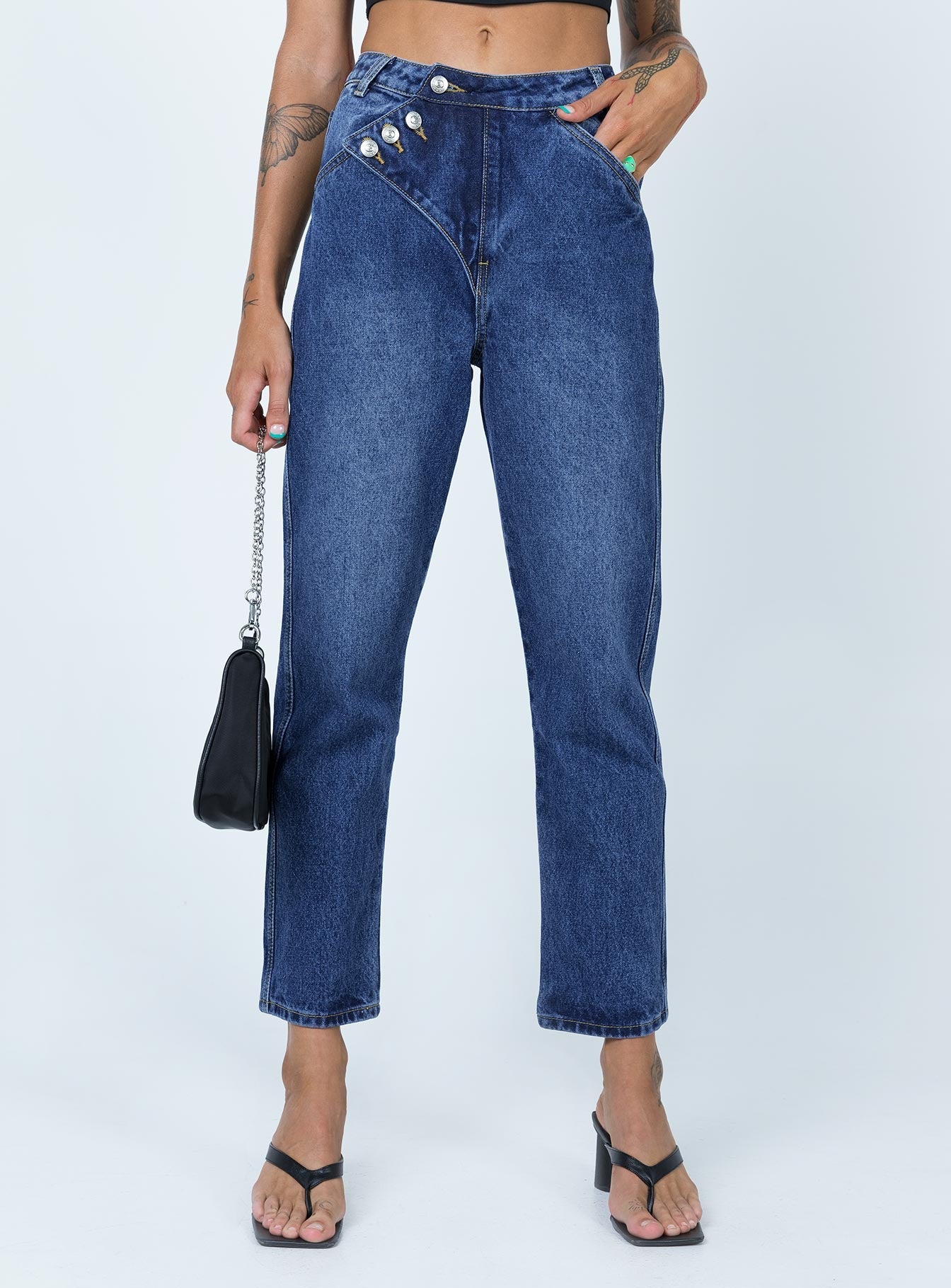 Princess Polly Mid Rise  Asymmetric Exposed Button Fly Mid Wash Mom Jeans