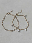 Anklet pack Two dainty chains Pearl detail Gold-toned Lobster clasp fastening Adjustable length