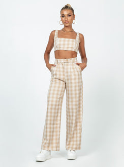 Matching set Check print Crop top Invisible zip fastening at side High waisted pants Wide leg Belt looped waist Zip & button fastening