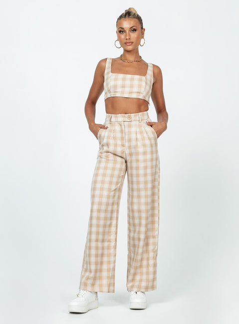 Matching set Check print Crop top Invisible zip fastening at side High waisted pants Wide leg Belt looped waist Zip & button fastening