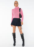 Cable knit cropped sweater, mock neck Good stretch, unlined