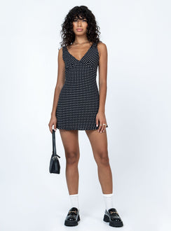 Mini dress Polka dot print  V neck Singe waist tie at back Invisible zip fastening at side  Wide shoulder straps A line fit