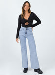 Long sleeve bodysuit Ribbed material  Wide neckline  Tie front fastening  Cheeky cut bottom  Press clip fastening at base 