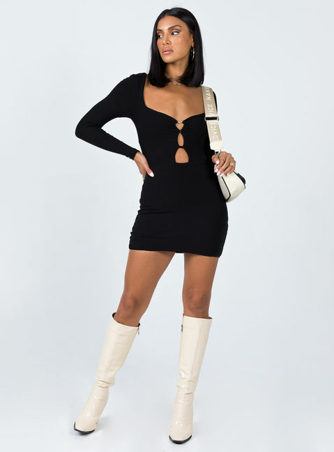 Long sleeve mini dress Slim fitting  Princess Polly Exclusive Outer: 95% rayon 5% elastane  Lining: 95% polyester 5% elastane  Wide neckline  Silver-toned heart ring at bust  Keyhole cut out  Open back 