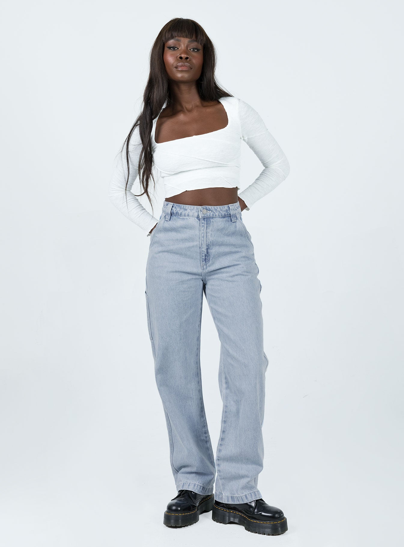 Jeans Light wash denim Belt looped waist Five-pocket design Zip & button fastening Mid-rise Branded patch on back Wide leg