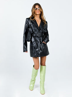 PU Mini dress Contrast stitching  Lapel collar  Press button fastening  Four front pockets  Removable & adjustable waist belt  Belt looped waist 