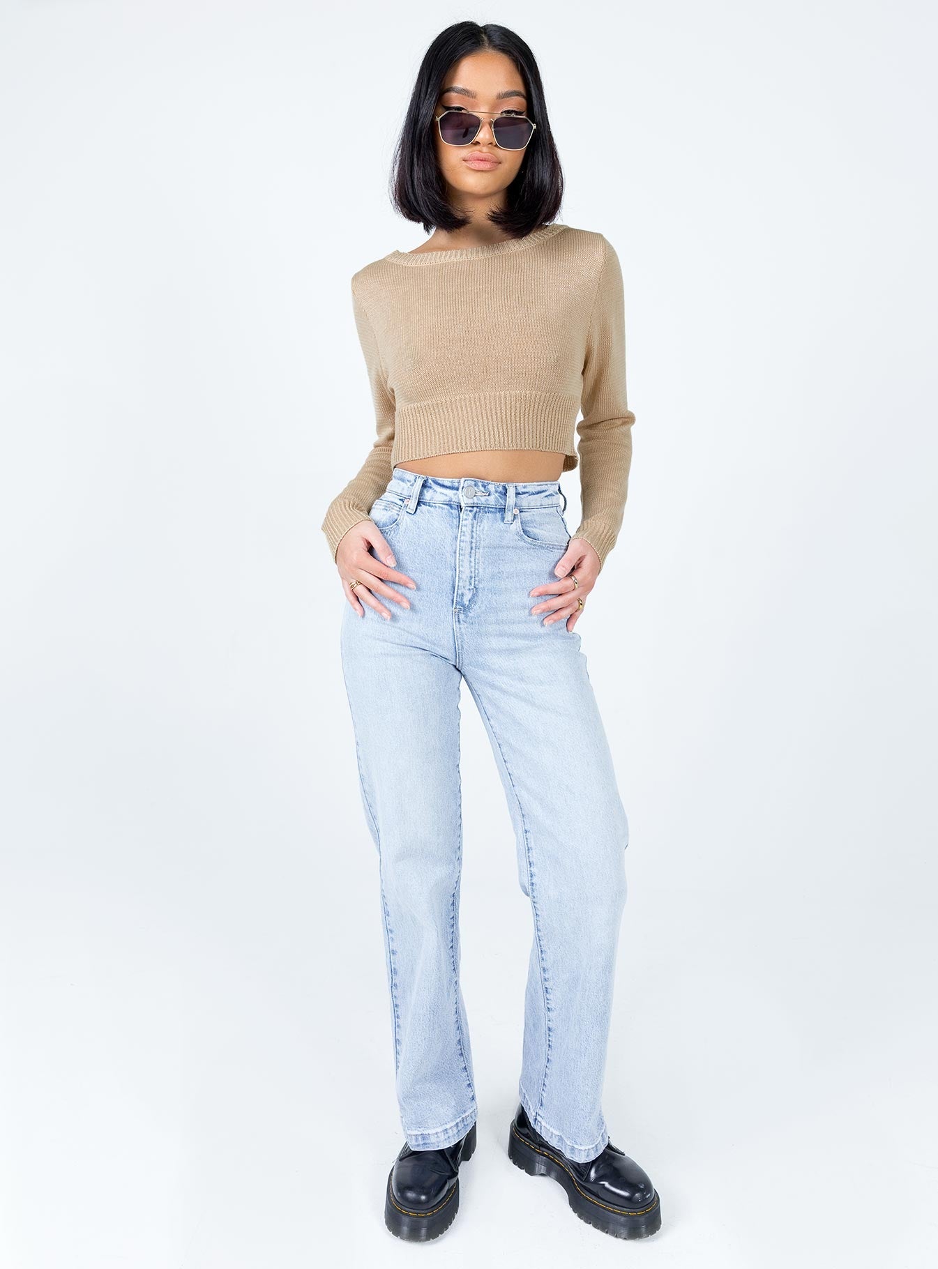 Cropped sweater Knit material  Wide neckline 
