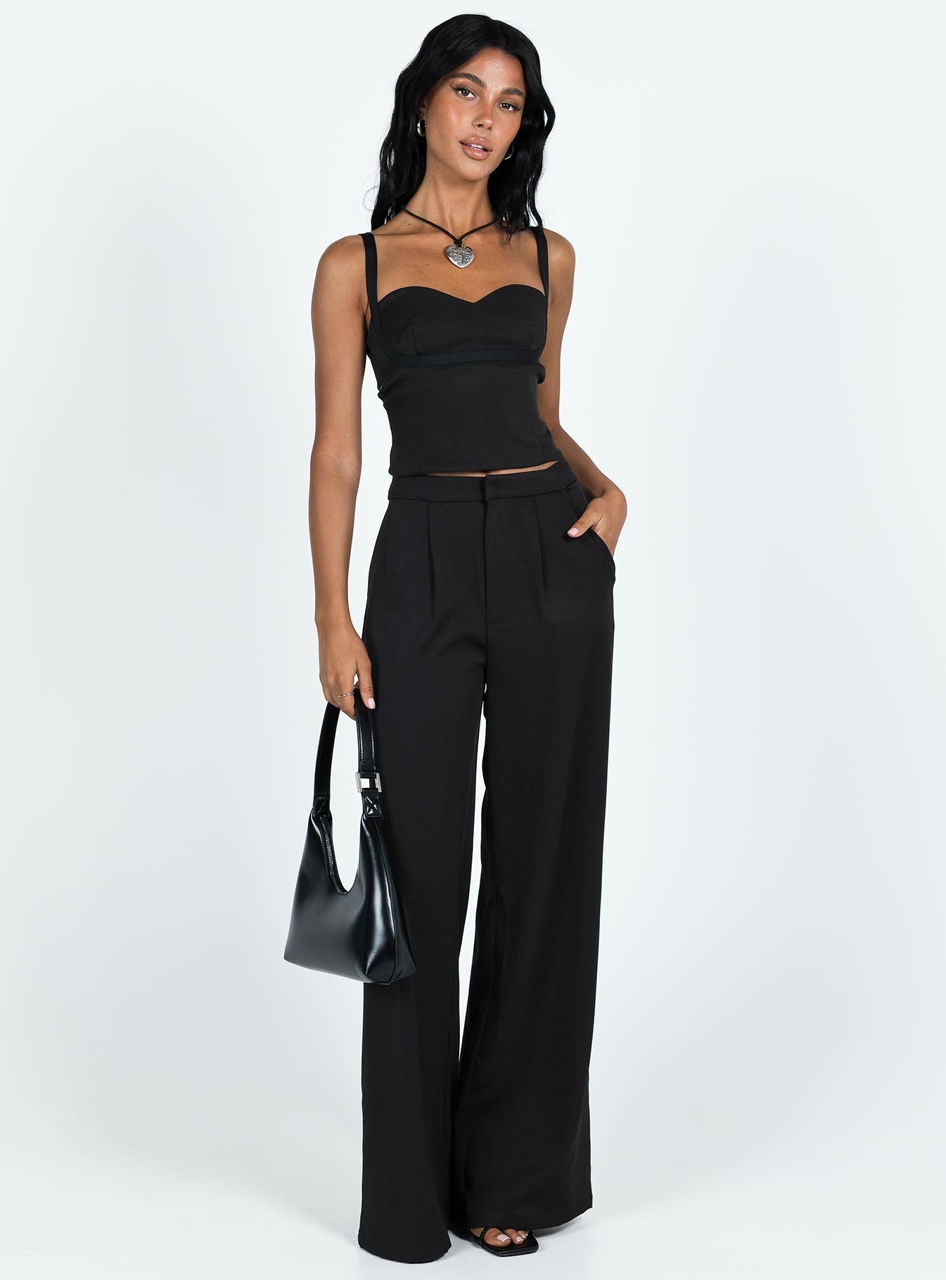 Matching set Crop top Adjustable shoulder straps Sweetheart neckline Zip fastening at back Tailored pants Zip and clasp fastening Twin hip pockets Stuble pleats at waist Straight leg