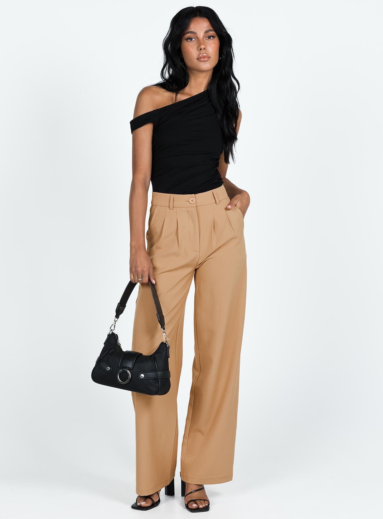 Pants Front button and zip fastening Belt looped waist Subtle pleats at waist Twin hip pockets