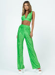 Green matching set Silky material  Pleated detail  Crop top  Plunging neckline  High waisted pants  Elasticated waistband  Wide leg 