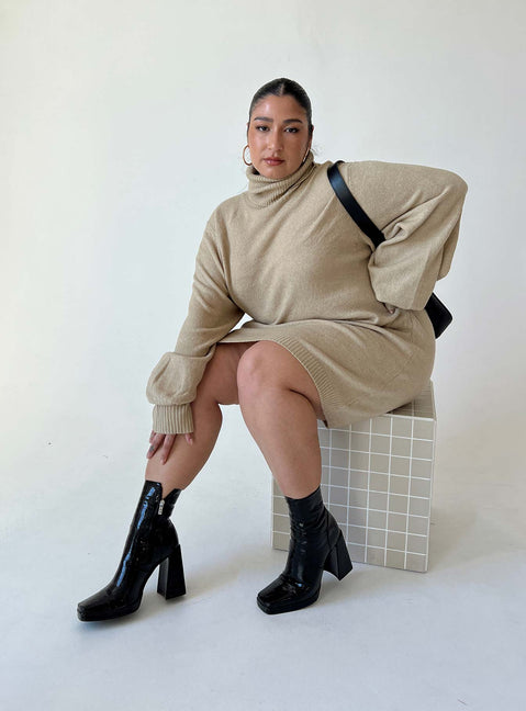 Mini dress Soft knit material High rolled neckline Ribbed hem & cuffs Drop shoulder Unlined