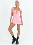 Pink mini dress Linen material Sweetheart neckline Tie front fastening Keyhole cut out Invisible zip fastening at back