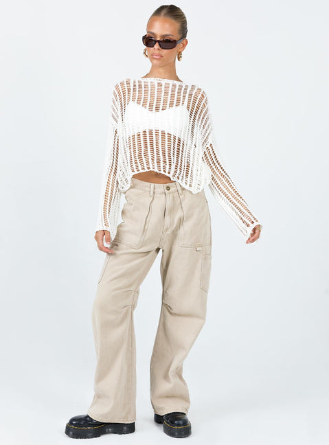 Sweater  Relaxed fit  100% polyester Mesh stitch crochet  Delicate material - wear with care  Wide neckline  Drop shoulder 