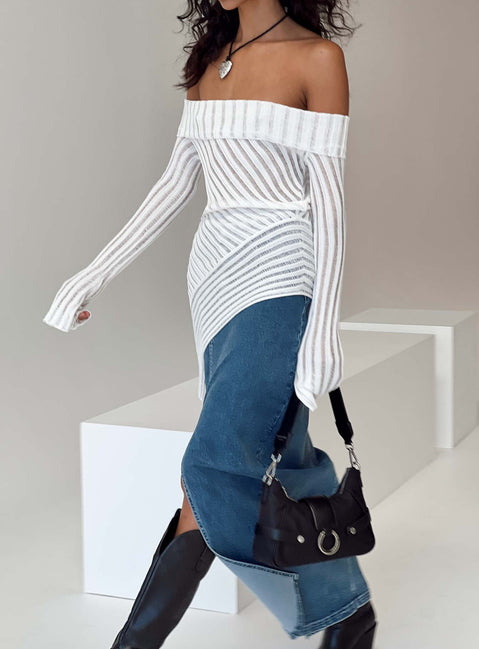 Sweater Sheer knit material Off-the-shoulder design Folded neckline Asymmetrical hemline Good stretch Unlined 