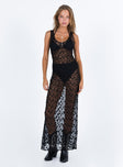 Black maxi dress Sheer mesh material Floral detail Scooped neckline Invisible zip fastening at side