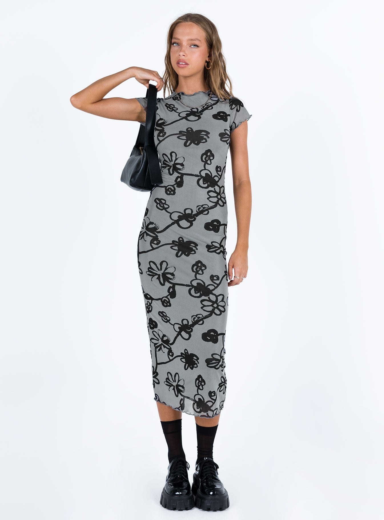 Midi dress Mesh material Graphic print High neckline Cap sleeve Lettuce edge hem Good stretch