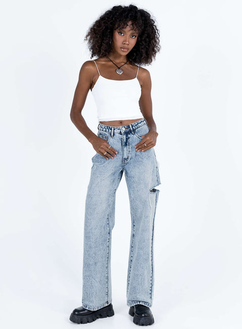 Jeans Mid wash denim High rise Belt looped waist Zip and button fastening  Classic five-pocket design Branded patch at back Rip at thigh Wide leg