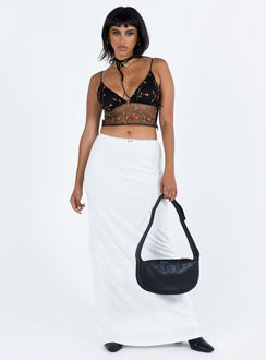 White maxi skirt Pointelle material High rise Thin elasticated waistband Lace trim Flower detail Good stretch Mesh lined