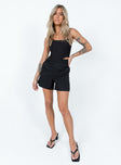 Black shorts High waisted  Hook & zip front fastening  Twin hip pockets  Faux back pockets 