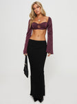 Long sleeve crop top Silky material, elasticated shoulders, Lace trim, wired cups, micro crop style  Tie fastening at back, elasticated back panel