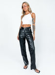 Pants Faux leather material  Semi-detached waistband  Zip & button fastening  Belt looped waist  Classic five-pocket design  Straight leg  Slight stretch 