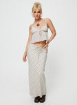 Check print matching set Crop top, adjustable shoulder straps, v-neckline, tie fastening at bust Maxi skirt, mid-rise, invisible zip fastening