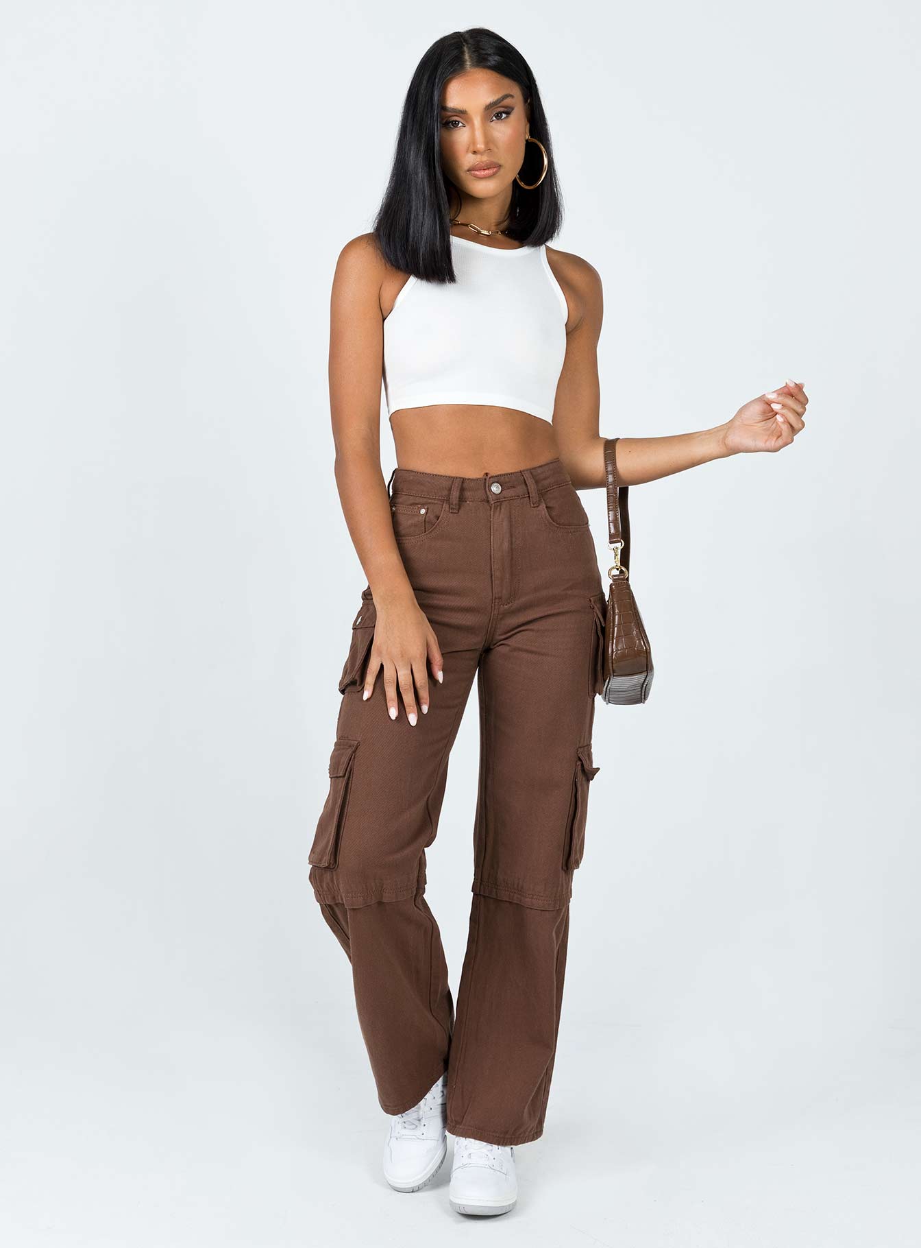 Princess Polly Mid Rise  Darla Cargo Denim Jeans Brown