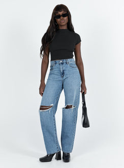 Jeans High rise Dark wash denim Belt looped waist Zip and button fastening Classic five pocket design Straight leg Ripped knee