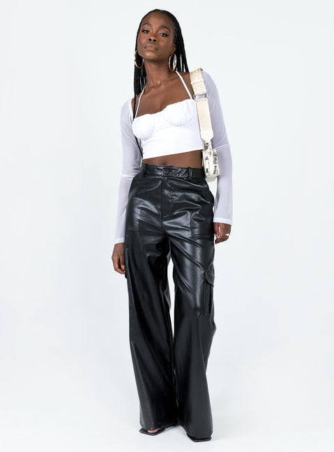 Pants Faux leather material Belt looped waist Zip & button fastening Four classic pockets Twin cargo style leg pockets Wide leg