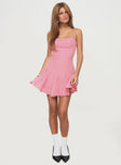 Pink Halter neck tie fastening, inner silicone strip at bust, invisible zip fastening at side, subtle pleats at hem