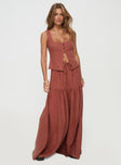 Rust Linen maxi skirt Relaxed fit, elasticated drawstring waist, tiered design