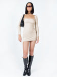Long sleeve mini dress Soft knit material  Square neckline  Open back  Invisible zip fastening at side 
