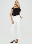 White pants High rise fit, wide leg, pleats at waist, twin hip pockets, belt looped waist
