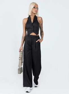 Matching set Pinstripe print  Vest top  Lapel collar  Button front fastening  High waisted pants  Zip & button fastening  Belt looped waist  Twin hip pockets  Elasticated back Wide leg 