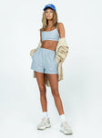 Grey matching set Quilted material Crop top Fixed straps Invisible zip fastening at side High waisted shorts Elasticated waistband