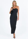 Black strapless midi dress Silky material  Ruched detail at bust  Inner silicone strip at bust  Invisible zip fastening at side