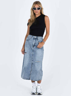 Midi skirt Light wash denim  Belt looped waist Zip and button fastening  Classic five pocket design Distressed detail Spilt hem