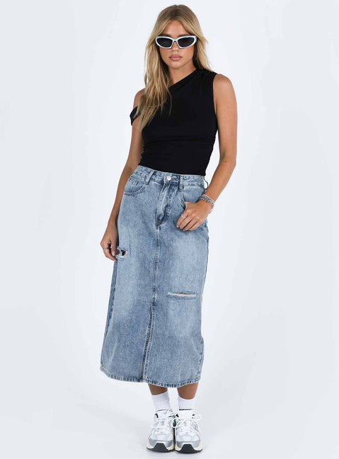 Midi skirt Light wash denim  Belt looped waist Zip and button fastening  Classic five pocket design Distressed detail Spilt hem
