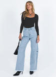 Wide leg jeans Mid wash denim Front button and zip fastening Belt looped waist Twin hip pockets Faux back pockets Ripped leg Frayed hem