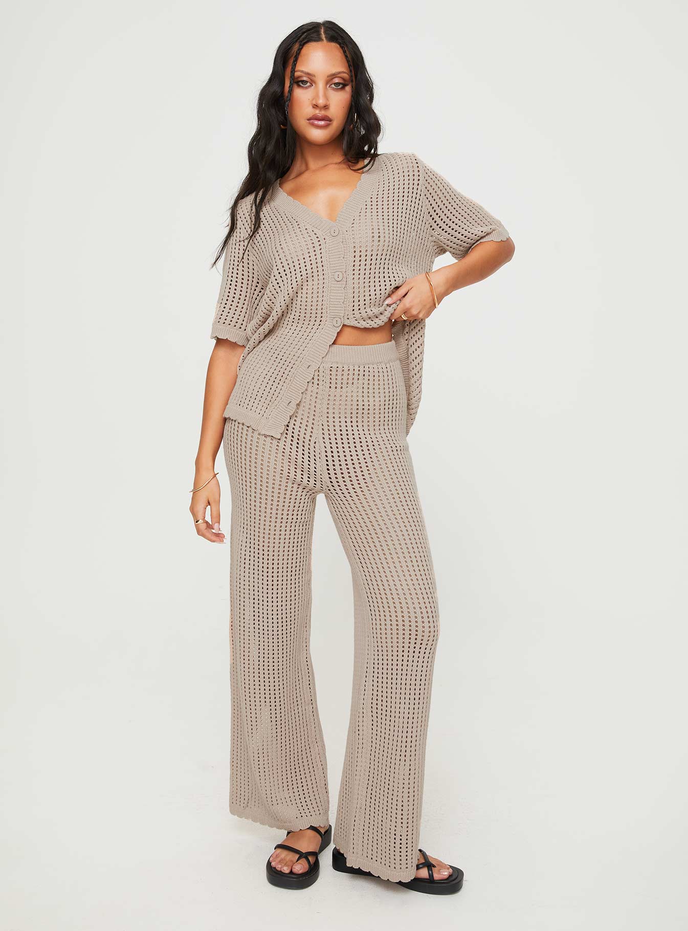Crochet matching set  Button up shirt, v-neckline, button fastening at front, drop shoulder  High rise pants, thick elasticated waistband, straight leg