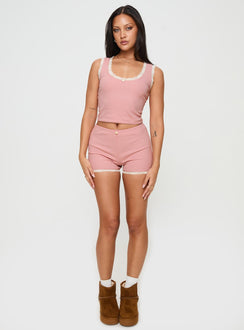 Pink Matching sleep set Tank style top, ribbed material, lace trim with flower detail, elasticated waistband